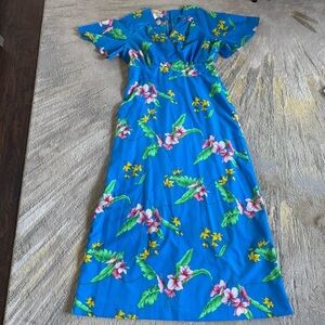 Vintage Royal Hawaiian floral Maxi long Dress blue flutter sleeves v neck 18